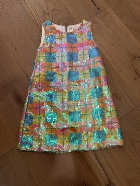 Lola + The Boys Sequin Plaid Shift Dress in Aqua, Pink, Yellow